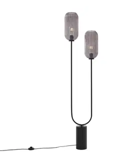 Stojace lampy Stojacia lampa Art Deco čierna s dymovým sklom 2-svetlo - Rid