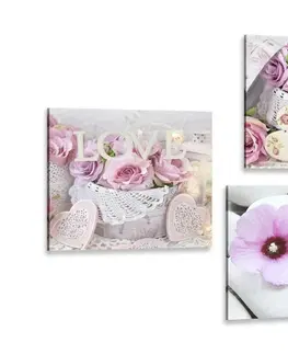 Zostavy obrazov Set obrazov romantické kvety s nápisom Love