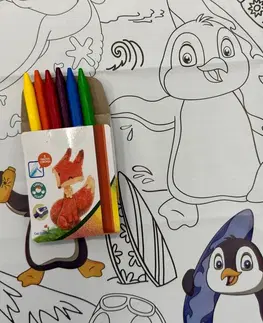 Kreatívne a výtvarné hračky FAR FAR LAND - Vyfarbovací obrus s pastelkami - Tučniaci