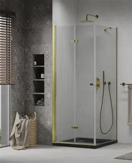 Vane MEXEN/S - Lima sprchový kút zalamovacie dvere 90 x 90, transparent, zlatý + Flat čierna vanička so sifónom 856-090-090-50-00-4070G