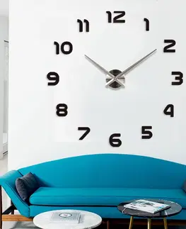 Hodiny 3D Nalepovacie hodiny DIY Clock 1-12, Black/silver XL 90-130cm