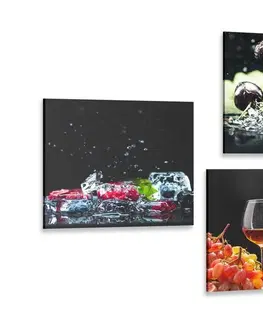 Zostavy obrazov Set obrazov víno a kúsky ovocia na čiernom pozadí