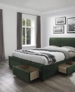 Postele HALMAR Modena 3 160 čalúnená manželská posteľ s úložným priestorom tmavozelená (Velvet)
