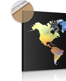 Obrazy na korku Obraz na korku mapa sveta v akvarelovom prevedení na čiernom pozadí