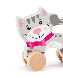 Drevené hračky WOODY - Mačka na kolieskach s držadlom