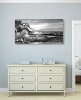 Čiernobiele obrazy Obraz morské vlny na pobreží v čiernobielom prevedení