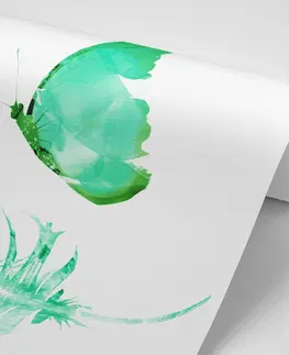 Tapety s imitáciou malieb Tapeta pierko s motýľom v zelenom prevedení