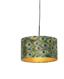 Zavesne lampy Závesná lampa s velúrovým tienidlom páv so zlatom 35 cm - Combi