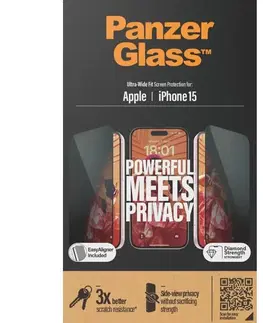 Ochranné fólie pre mobilné telefóny Ochranné sklo PanzerGlass UWF Privacy s aplikátorom pre Apple iPhone 15, čierna P2809