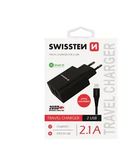 Nabíjačky pre mobilné telefóny Nabíjačka Swissten Smart IC 2.1A s 2 USB konektormi a dátovým káblom USB/Lightning, 1,2m, čierna 22058000
