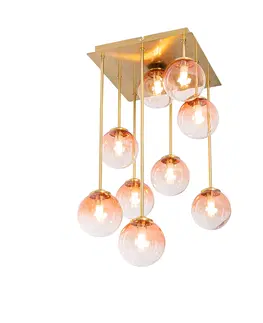 Stropne svietidla Stropná lampa v štýle Art Deco zlatá s ružovým sklom 9 svetiel - Atény