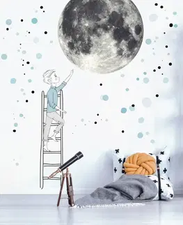 Nálepky na stenu Samolepka na stenu - Mesiac a Chlapec na rebríku s hviezdami, veľká nálepka