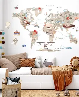 Nálepky na stenu Hnedá mapa sveta pre malých dobrodruhov