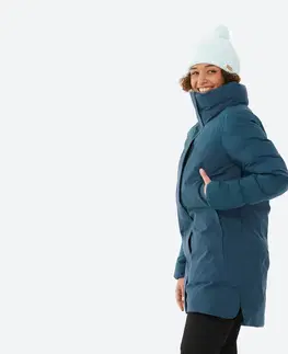 bundy a vesty Dámska dlhá hrejivá lyžiarska bunda 500 modrá