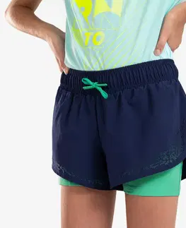 nordic walking Dievčenské bežecké šortky so všitými legínami Dry 900 priedušné modro-zelené