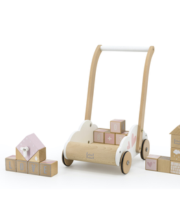 Drevené hračky LABEL-LABEL - Detský vozíček s kockami, ružový