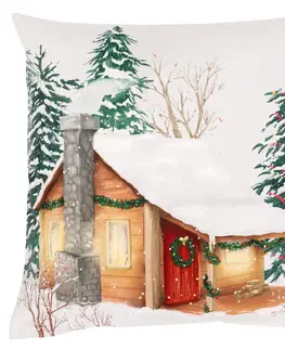 Vankúše Vankúš s výplňou, zamat. Vianočný motív, zasnežená chalupa. 45x45 cm.