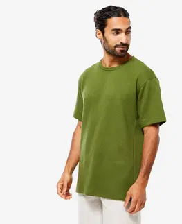 fitnes Pánske tričko na jogu z biobavlny vafľové zelené