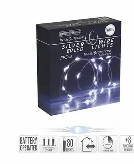 Vianočné dekorácie Svetelný drôt s časovačom Silver lights 80 LED, studená biela, 395 cm