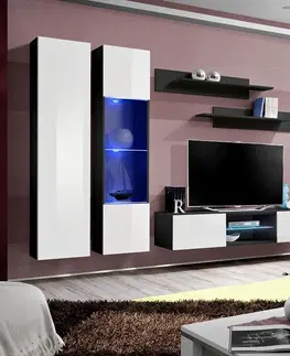 Podkrovný nábytok Obývacia stena Fly O5+Sklo Biely/čierna  + LED