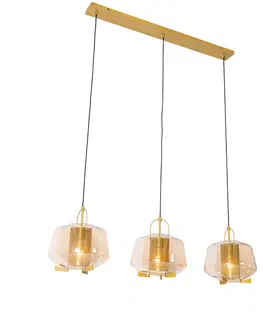 Zavesne lampy Závesná lampa zlatá s jantárovým sklom 30 cm podlhovastá 3-svetlá - Kevin