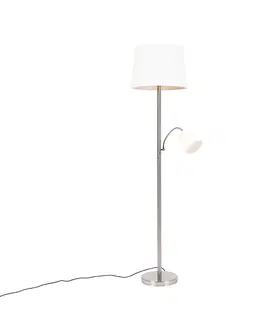 Stojace lampy Klasická stojaca lampa z ocele s bielym tienidlom a svetlom na čítanie - Retro