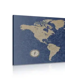 Obrazy mapy Obraz mapa sveta s kompasom v retro štýle na modrom pozadí
