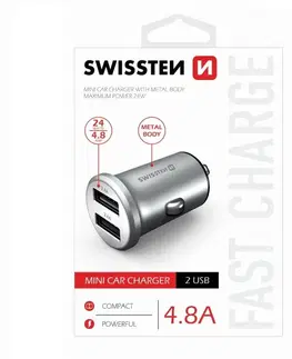Nabíjačky pre mobilné telefóny Autonabíjačka Swissten kovová 4.8A s 2 USB slotmi, Silver 20114100
