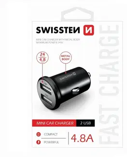 Nabíjačky pre mobilné telefóny Autonabíjačka Swissten kovová 4.8A s 2 USB slotmi, čierna 20114000