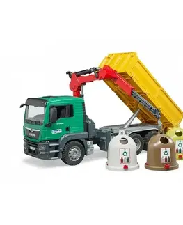Drevené vláčiky Bruder Nákladné auto MAN s 3 recyklačnými popolnicami a fľašami, 54,5 x 18,5 x 27 cm