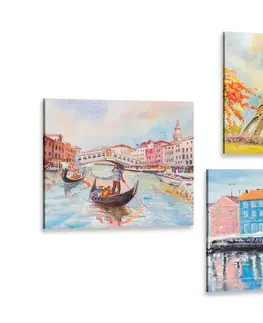 Zostavy obrazov Set obrazov maľované mestá v pastelových farbách
