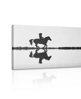 Čiernobiele obrazy Obraz jazdec na koni v čiernobielom prevedení