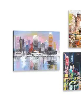 Zostavy obrazov Set obrazov mestá s imitáciou olejomaľby