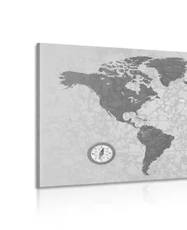 Obrazy mapy Obraz mapa sveta s kompasom v retro štýle v čiernobielom prevedení
