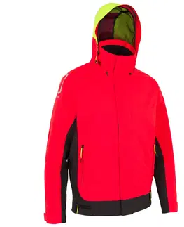 bundy a vesty Pánska nepremokavá bunda Sailing 500 do dažďa červeno-čierna
