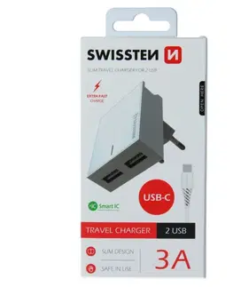 Nabíjačky pre mobilné telefóny Rýchlonabíjačka Swissten Smart IC 3.A s 2 USB konektormi a dátový kábel USB  USB-C 1,2 m, biela 22043000