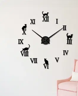 Hodiny 3D Nalepovacie hodiny DIY Clock Cat Time, čierne 70-120cm