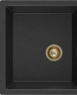 Kuchynské drezy MEXEN/S MEXEN/S - Tomas granitový drez 2-bowl 800x500 mm, czarny/srebrny metalik, + zlatý sifón 6516802000-73-G