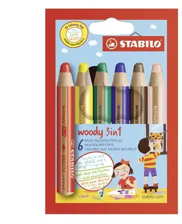 Hračky STABILO - Pastelky woody 3 v 1 - farbička, vdodovka, voskovka - 6 ks rôznych farieb