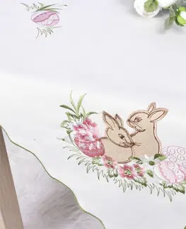 Obrusy Obrus veľkonočné, Veľkonočné zajace a ružové kraslice 40 x 90 cm