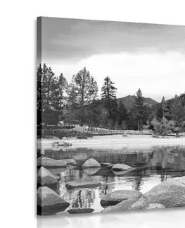 Čiernobiele obrazy Obraz jazero v nádhernej prírode v čiernobielom prevedení