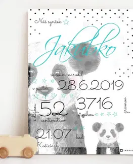 Tabuľky s venovaním (darčeky) Darček na krstiny - Tabuľka s údajmi o narodení s pandou