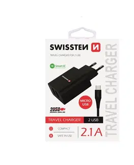 Nabíjačky pre mobilné telefóny Nabíjačka Swissten Smart IC 2.1A s 2 USB konektormi a dátovým káblom USBMicro USB, 1,2 m, čierna 22052000