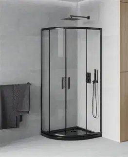 Vane MEXEN/S - Rio štvrťkruhový sprchovací kút 70 x 70, transparent, čierny + vanička so sifónom Flat, čierny 863-070-070-70-00-4170B