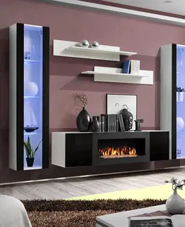 Podkrovný nábytok Obývacia stena + Biokrb Fly M2 + Skło čierna/biela + LED