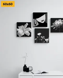 Zostavy obrazov Set obrazov elegancia ženy a kvetov v čiernobielom prevedení