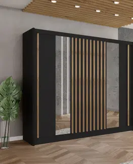 Šatníkové skrine Skriňa s posuvnými dverami, čierna/dub craft, 250x215 cm, LADDER