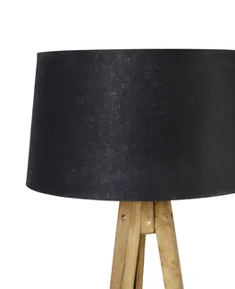 Stojace lampy Vidiecky statív vintage drevo s čiernym ľanovým tienidlom 45 cm - Tripod Classic