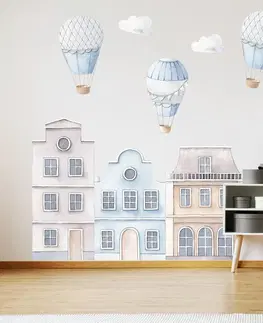 Nálepky na stenu Modré domčeky do detskej izby s balónmi