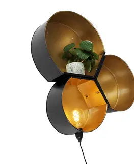Nastenne lampy Industriálne nástenné svietidlo čierne so zlatým okrúhlym - Hrebeň